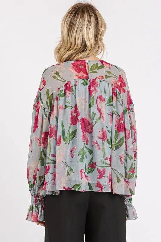 Mittoshop Floral Round Neck Flounce Sleeve Blouse for Women - Love Salve